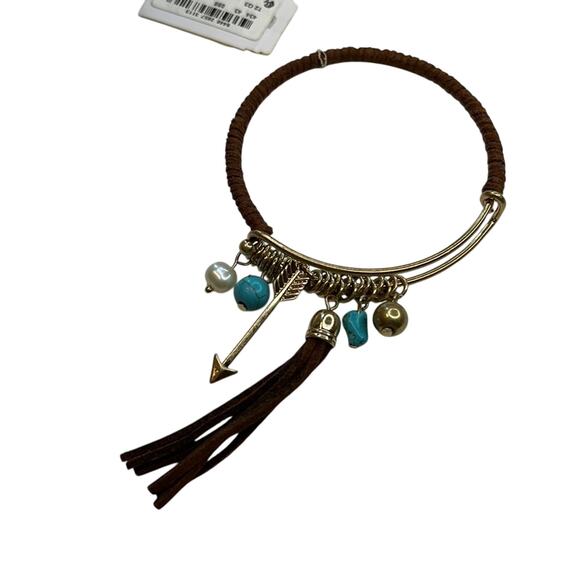Macy’s Gold Bangle Bracelet w/ Brown Leather Wrap Details & Beaded Charms, NWT - Picture 1 of 4